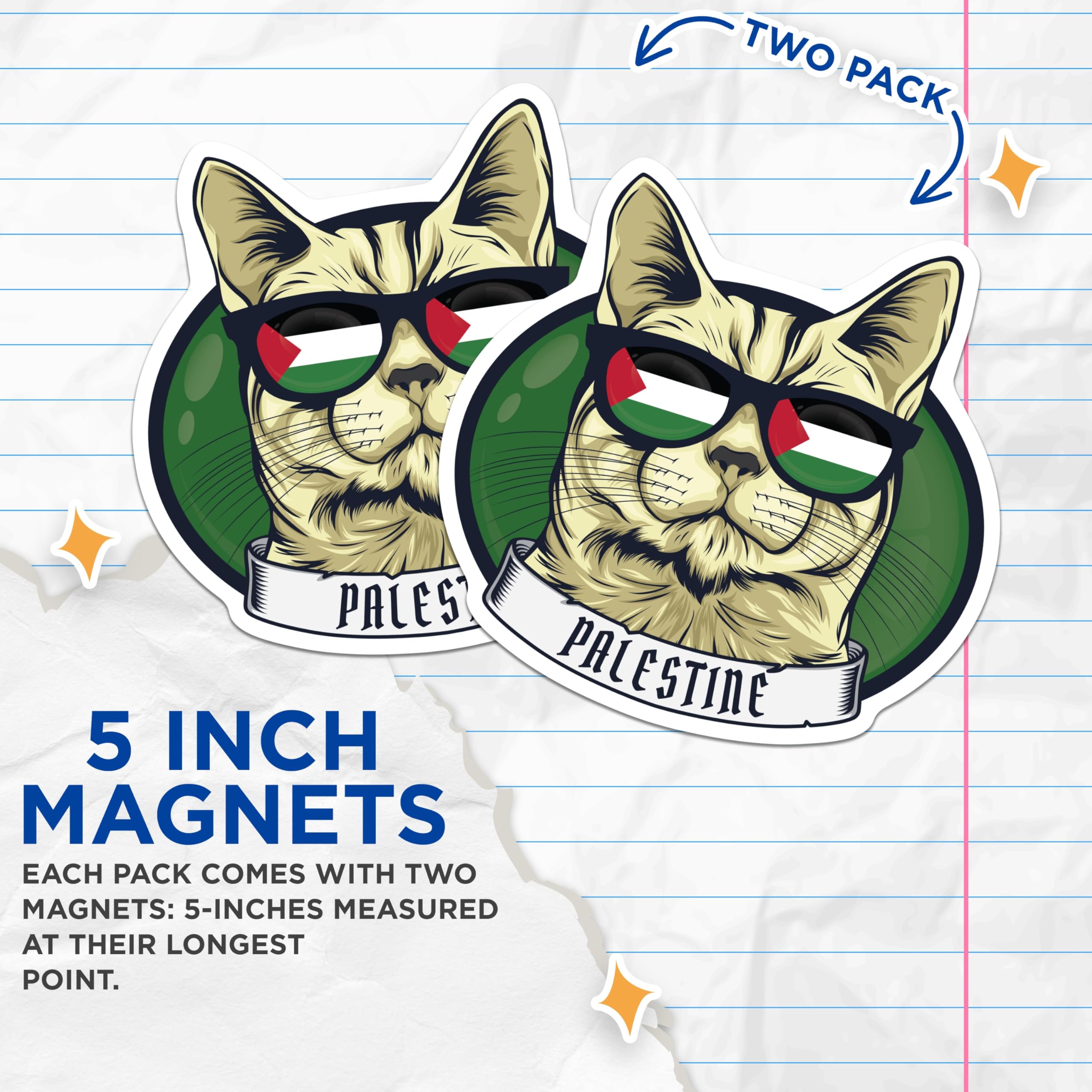 (2 Pack) Palestinian Cat Magnets - Palestine Flag Sunglasses Cat - Support Palestine Fridge Decor - 5 Inches On Longest Side - Thick Durable Magnet - Made in USA - MAG19480