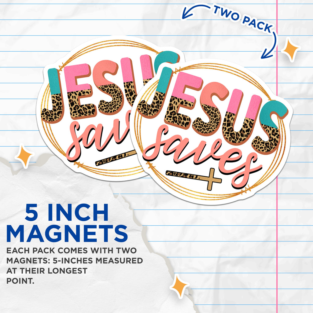 (2 Pack) Jesus Saves Magnets - Leopard Print Christian - Faith Based Refrigerator Decor - 5 Inches On Longest Side - Thick Durable Magnet - Made in USA - MAG37449