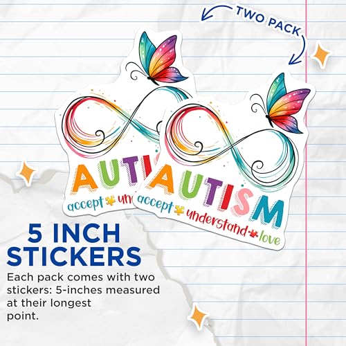 (2 Pack) Autism Acceptance Stickers - Infinity Symbol Butterfly - Colorful Autism Awareness Decals - 5" On Longest Side - Sticks to Smooth Flat Surfaces - Made in USA - BMCS8129