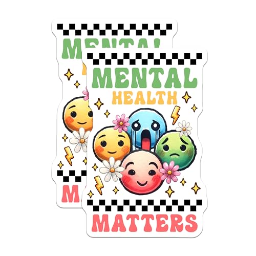 (2 Pack) Mental Health Matters Stickers - Positive Message - Motivational Emojis - 5" On Longest Side - Sticks to Smooth Flat Surfaces - Made in USA - BMCS8237