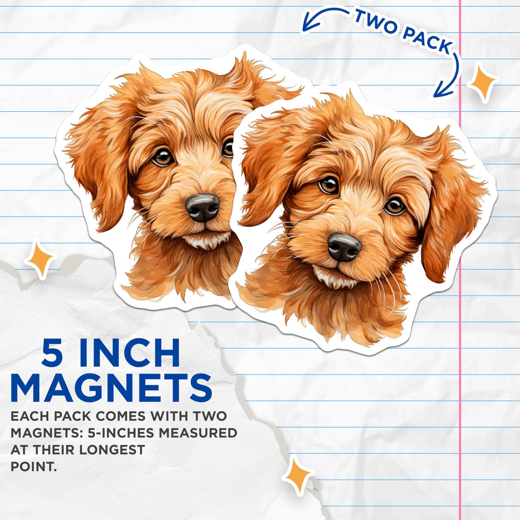 (2 Pack) Goldendoodle Puppy Magnets - Cute Dog Lover Kitchen Decor - Pet Parent Refrigerator Adornment - 5 Inches On Longest Side - Thick Durable Magnet - Made in USA - MAG26501