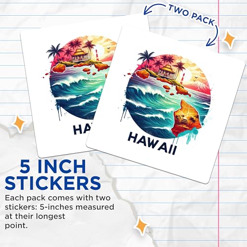 (2 Pack) Hawaii Vacation Stickers - Hawaiian Islands - Tropical Beach Art Stickers - 5" On Longest Side - Sticks to Smooth Flat Surfaces - Made in USA - BMCS5062