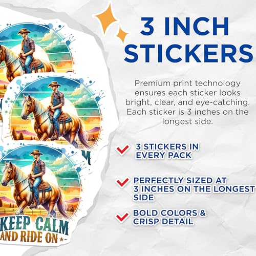 (3 Pack) Cowboy Horse Decals - Keep Calm and Ride On - Laptop Decal- 3 Inches On Longest Side - Easy Peel & Apply - Made in USA - 3MCS5415