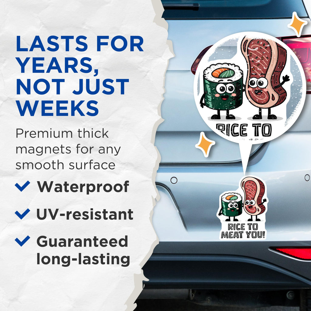 (2 Pack) Funny Food Puns Magnets - Sushi and Steak - Rice to Meat You Humorous Refrigerator Decor - 5" On Longest Side - for Cars, Fridges, Toolboxes - Made in USA - MAG7641