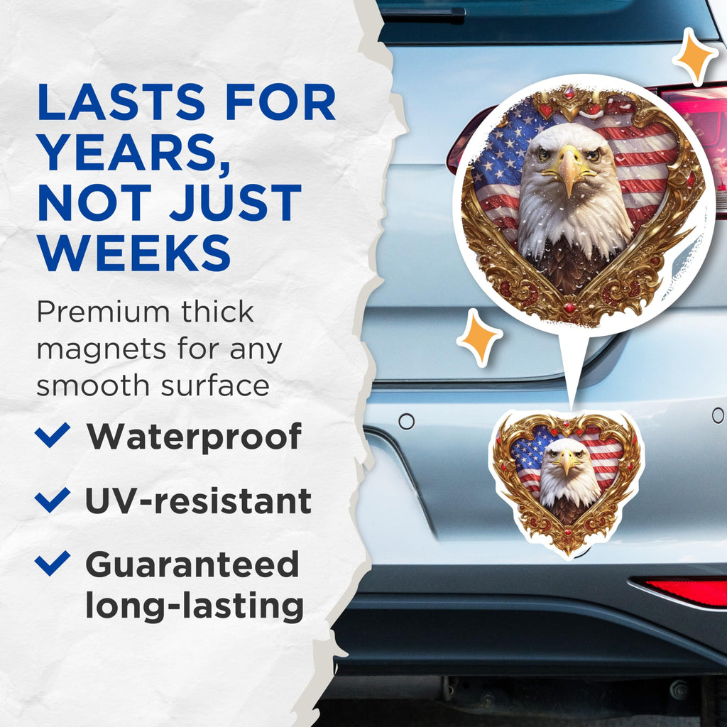 (2 Pack) Bald Eagle Magnets - Majestic American Flag Heart Frame Artwork - Patriotic USA Refrigerator Locker Decor - 5 Inches On Longest Side - Thick Durable Magnet - Made in USA - MAG21785