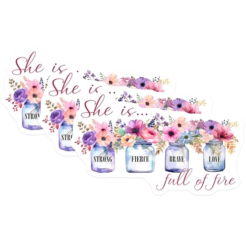 (3 Pack) She is Strong Decals - Floral Mason Jar - Inspirational Laptop Decal - 3 Inches On Longest Side - Easy Peel & Apply - Made in USA - 3MCS7345