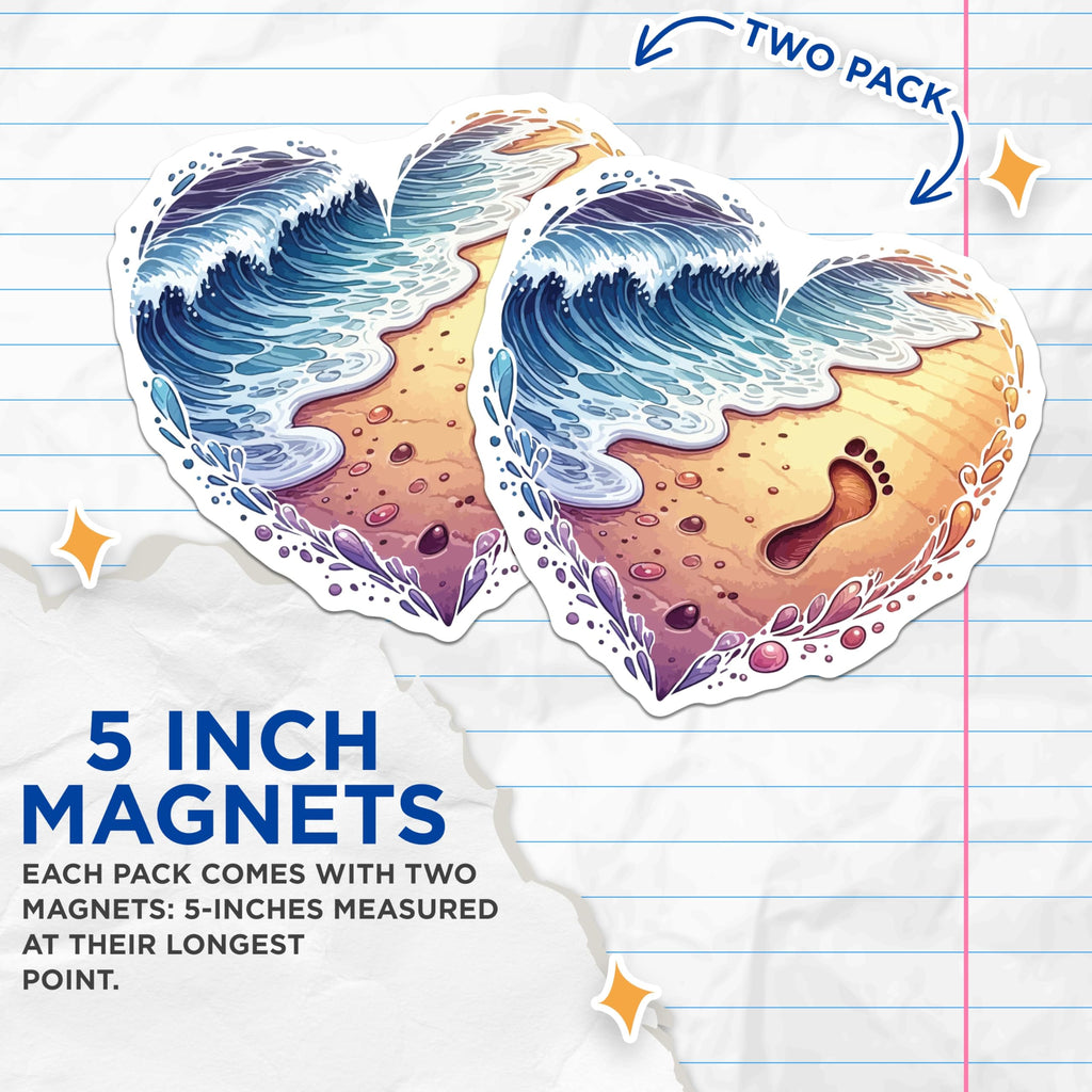 (2 Pack) Heart Beach Magnets - Ocean Wave Footprint - Coastal Home Decor - 5 Inches On Longest Side - Thick Durable Magnet - Made in USA - MAG19996