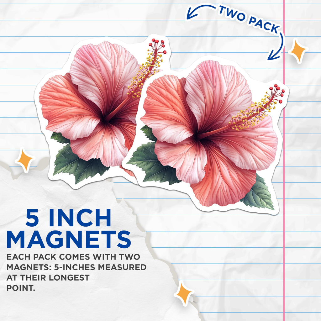 (2 Pack) Pink Hibiscus Flower Magnets - Tropical Floral Decor - Summer Beach Vibe for Fridge Locker - 5 Inches On Longest Side - Thick Durable Magnet - Made in USA - MAG26710