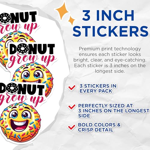 (3 Pack) Donut Grow Up Decals - Cartoon Donut - Funny Saying Decals - 3 Inches On Longest Side - Easy Peel & Apply - Made in USA - 3MCS7560