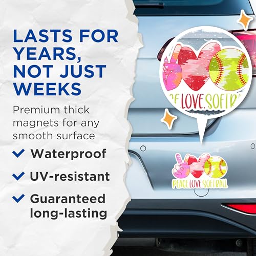 (2 Packs) Peace Love Softball Magnets - Softball Mom Softball Dad Player Magnets - 5 Inches On Longest Side - Premium Magnet - for Fridges, Toolboxes, Cars - Made in USA - MAG2343