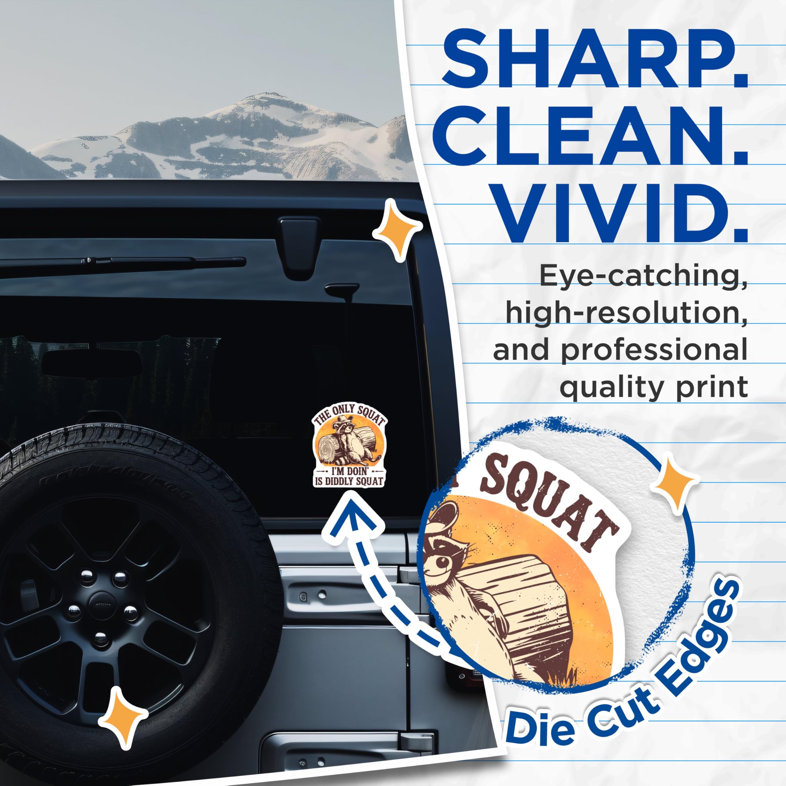 (2 Pack) Funny Raccoon Stickers - Humorous Animal Stickers - The Only Squat I'm Doin' is Diddly Squat Stickers - 5" On Longest Side - Sticks to Any Smooth Flat Surface - Made in USA - BMCS3425