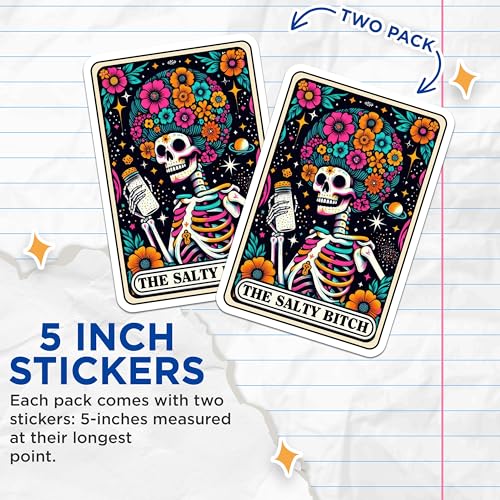 (2 Pack) Salty Bitch Skeleton Stickers - Floral Skull Stickers - Humorous Skeleton Art - Skeleton with Flowers Decal - 5" On Longest Side - Sticks to Smooth Flat Surfaces - Made in USA - BMCS4681