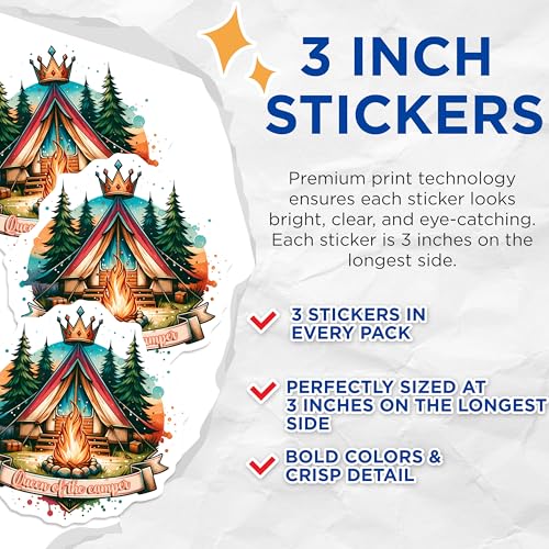 (3 Pack) Queen of The Camper Decals - Camping Lover Sticker - Crown Tent Laptop Decals- 3 Inches On Longest Side - Easy Peel & Apply - Made in USA - 3MCS5533