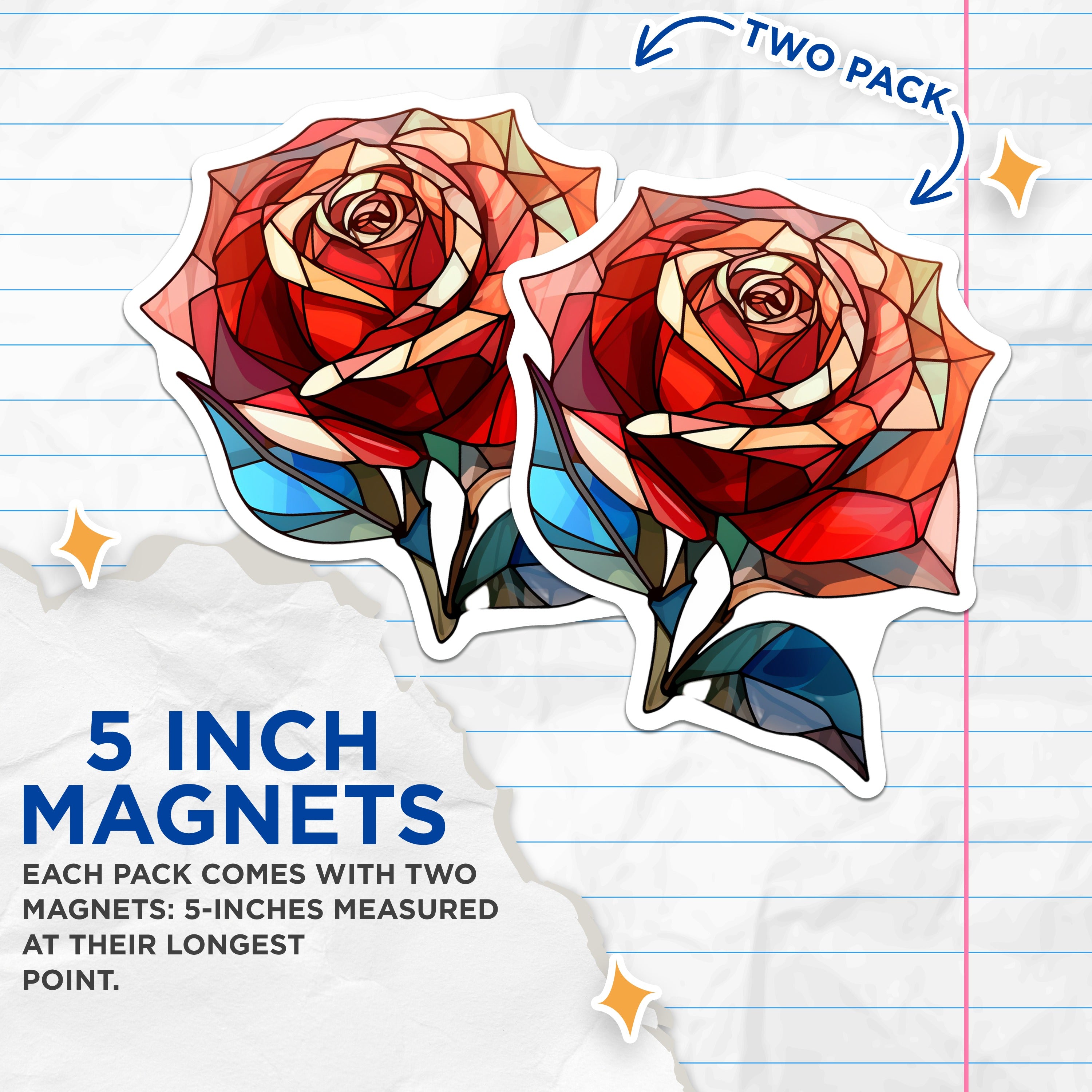 (2 Pack) Stained Glass Rose Magnets - Refrigerator Decor - Artistic Floral Art - 5 Inches On Longest Side - Thick Durable Magnet - Made in USA - MAG39313