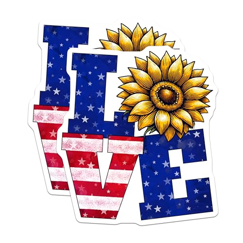 (2 Pack) Love Sunflower Stickers - American Flag Sunflower Decals - USA Patriotic Star - 5" On Longest Side - Sticks to Smooth Flat Surfaces - Made in USA - BMCS7871