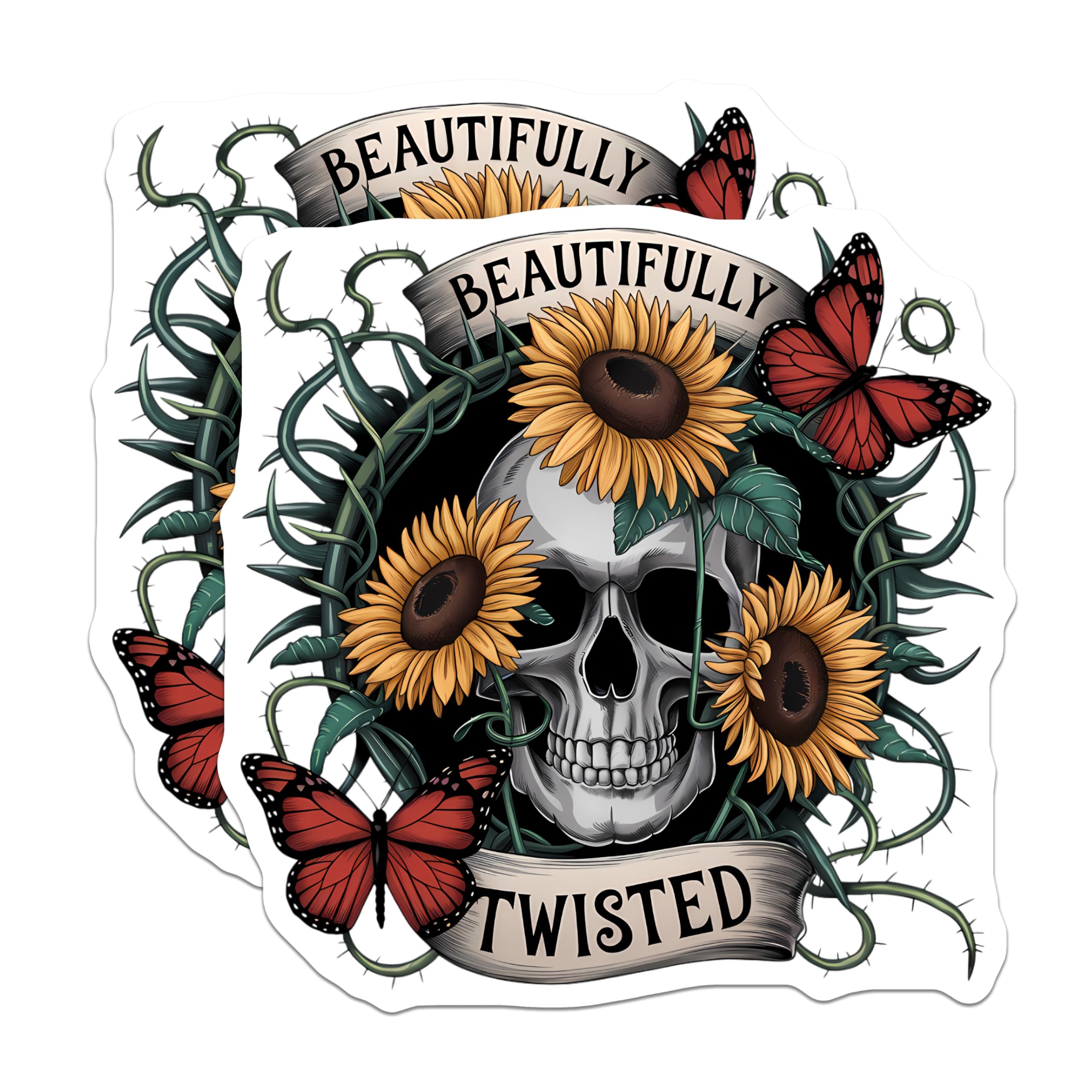 (2 Pack) Beautifully Twisted Skull Magnets - Sunflower Butterfly Gothic Decor - Macabre Aesthetic Refrigerator Art - 5 Inches On Longest Side - Thick Durable Magnet - Made in USA - MAG21002
