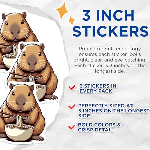 (3 Pack) Capybara Ramen Decals - Laptop Decals - Cute Rodent Stickers - 3 Inches On Longest Side - Easy Peel & Apply - Made in USA - 3MCS8670