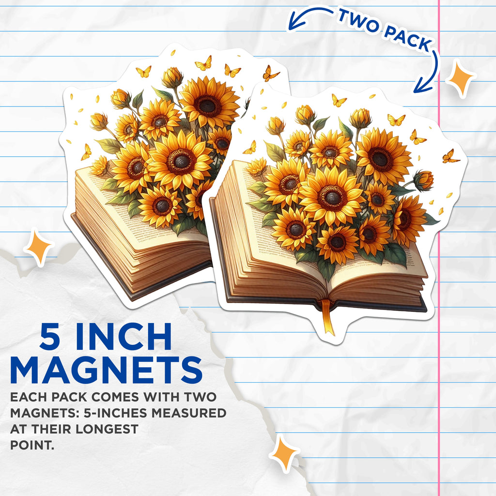 (2 Pack) Sunflower Book Magnets - Literary Decor - Reader Enthusiast Accessories - 5 Inches On Longest Side - Thick Durable Magnet - Made in USA - MAG38653