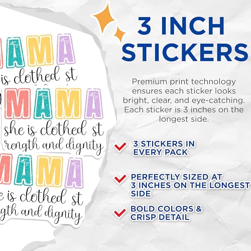 (3 Pack) Mama She is Clothed Decals - Strength Dignity - Mothers Day Decal - 3 Inches On Longest Side - Easy Peel & Apply - Made in USA - 3MCS7729