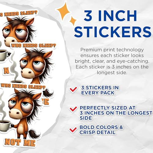 (3 Pack) Sleepy Horse Decals - Coffee Lover - Tired Horse Meme - 3 Inches On Longest Side - Easy Peel & Apply - Made in USA - 3MCS1582