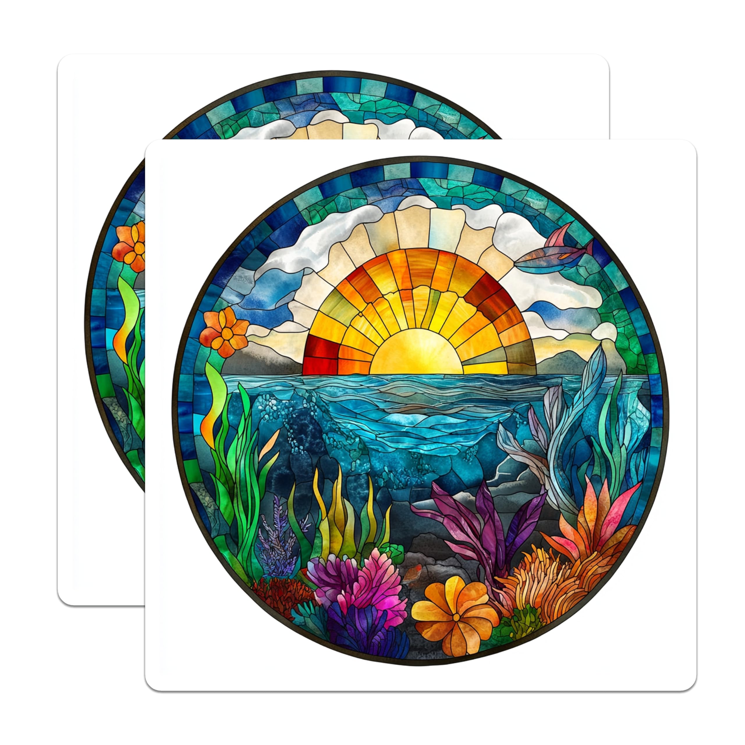(2 Pack) Faux Stained Glass Magnets - Ocean Reef Sunset - Coastal Decor Accent - 5 Inches On Longest Side - Thick Durable Magnet - Made in USA - MAG30417