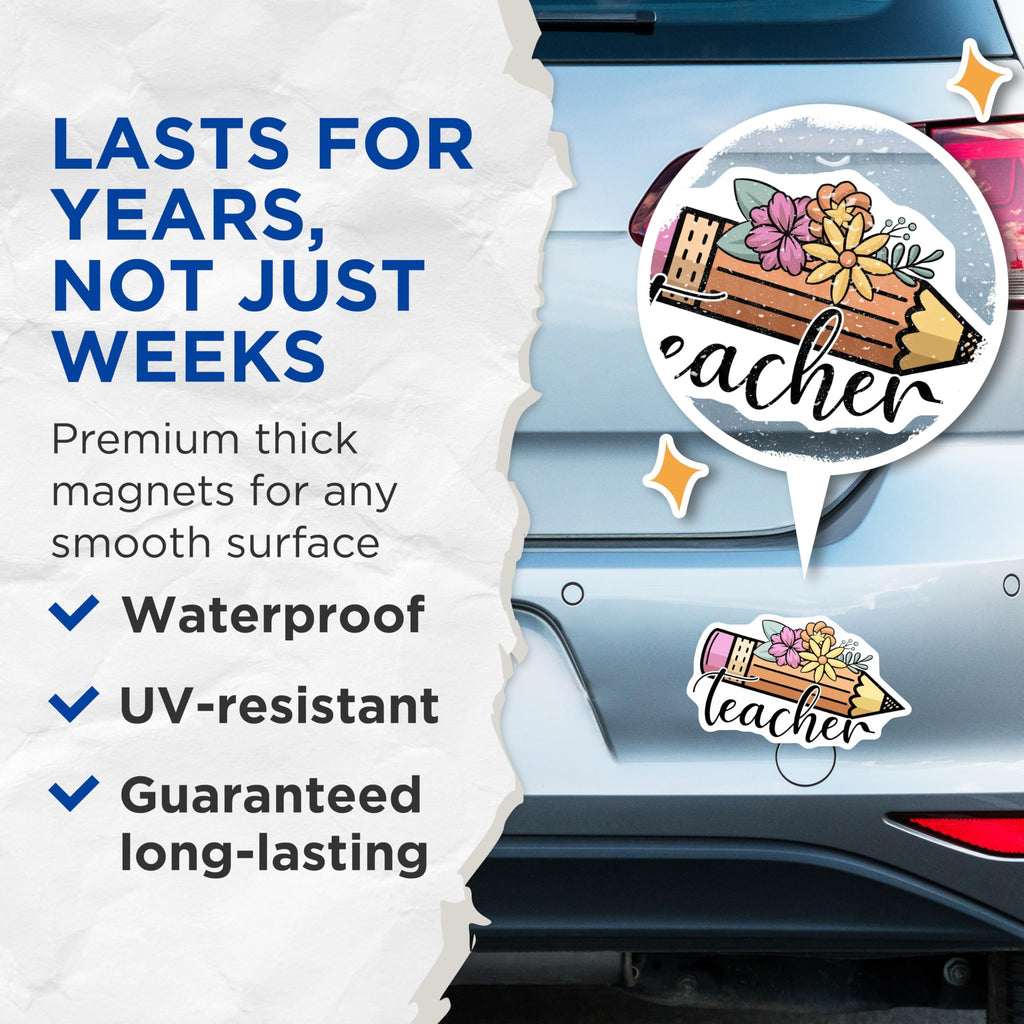 (2 Pack) Teacher Pencil Magnets - Floral Teacher - Teacher Appreciation Magnets - 5" On Longest Side - Premium Magnet - for Cars, Refrigerators, Toolboxes, Lockers - Made in USA - MAG18191