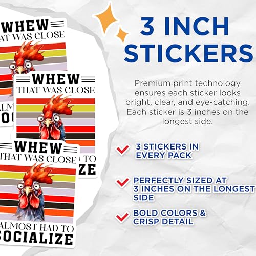 (3 Pack) Funny Chicken Decals - Anti Social - Laptop Decal - 3 Inches On Longest Side - Easy Peel & Apply - Made in USA - 3MCS6500