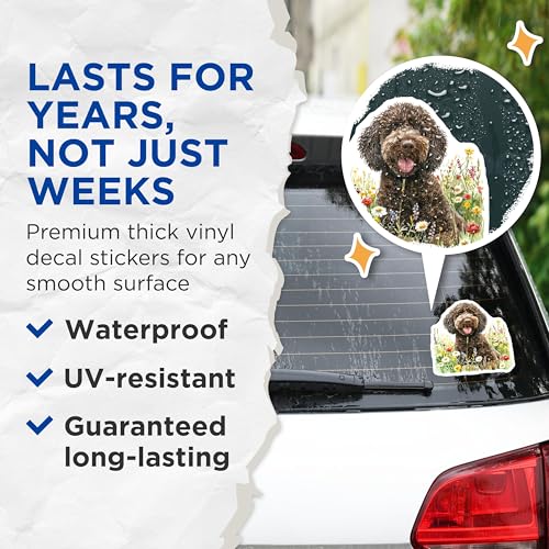 (2 Pack) Cute Dog Stickers - Happy Dog in Flowers - Dog Lover Decal Pack - 5" On Longest Side - Sticks to Smooth Flat Surfaces - Made in USA - BMCS6880