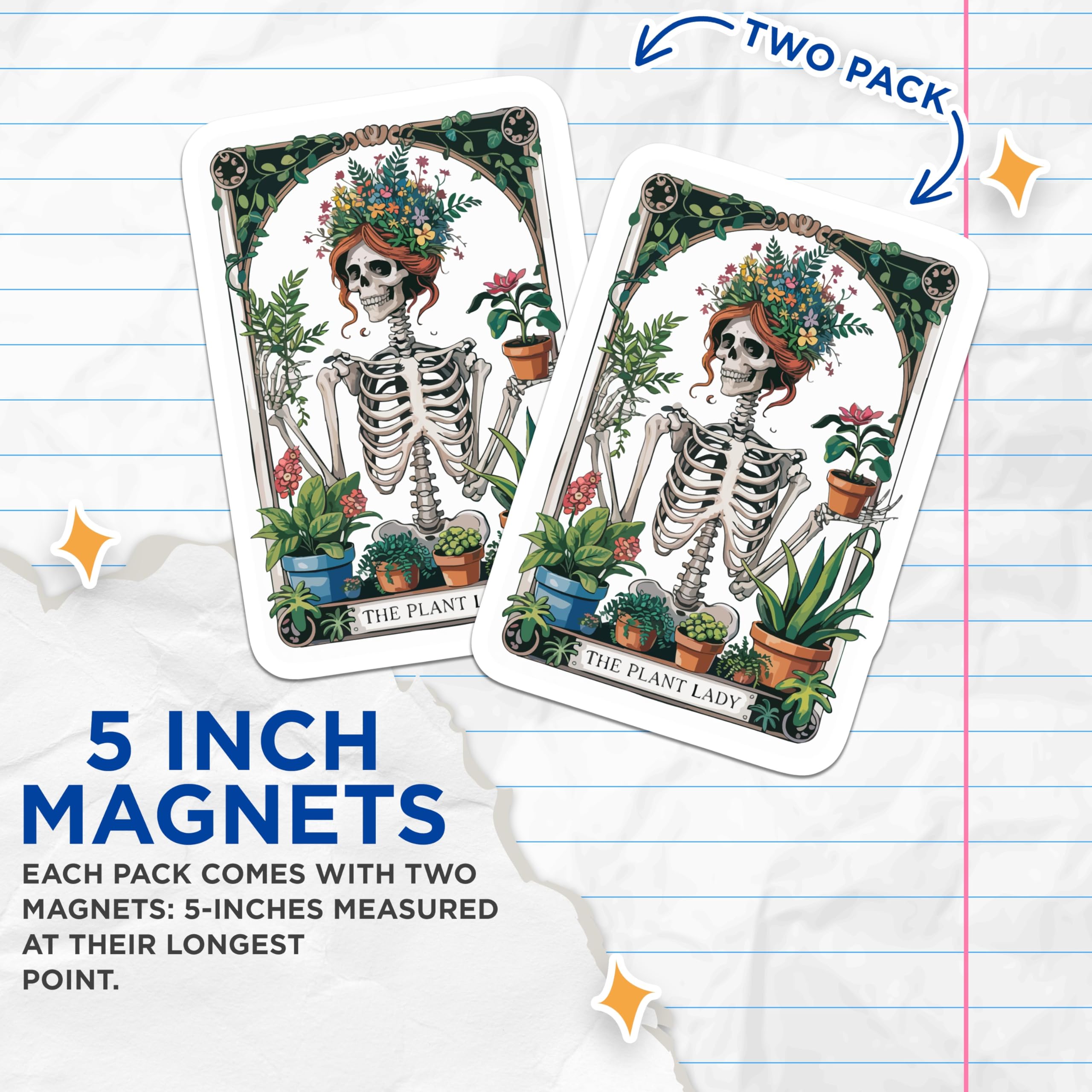 (2 Pack) Plant Lady Skeleton Magnets - Botanical Skull Art - Goth Gardener Decor - 5 Inches On Longest Side - Thick Durable Magnet - Made in USA - MAG20501