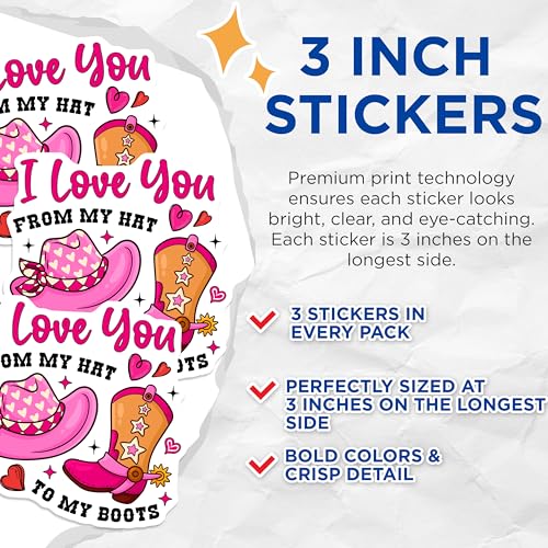 (3 Pack) Cowboy Decals - Country Love - Hat and Boots Stickers - 3 Inches On Longest Side - Easy Peel & Apply - Made in USA - 3MCS2392