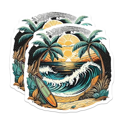 (2 Pack) Tropical Beach Surf Stickers - Ocean Wave - Palm Trees Sticker Decal - 5" On Longest Side - Sticks to Smooth Flat Surfaces - Made in USA - BMCS9254
