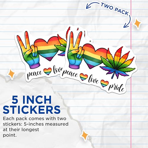 (2 Pack) Peace Love Pride Stickers - Rainbow - LGBTQ Pride - 5" On Longest Side - Sticks to Smooth Flat Surfaces - Made in USA - BMCS8283