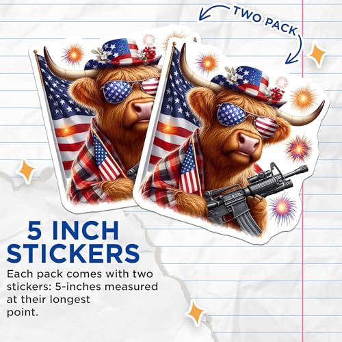 (2 Pack) Patriotic Highland Cow Stickers - American Flag Decal - Fourth of July Celebration Stickers - 5" On Longest Side - Sticks to Smooth Flat Surfaces - Made in USA - BMCS6362