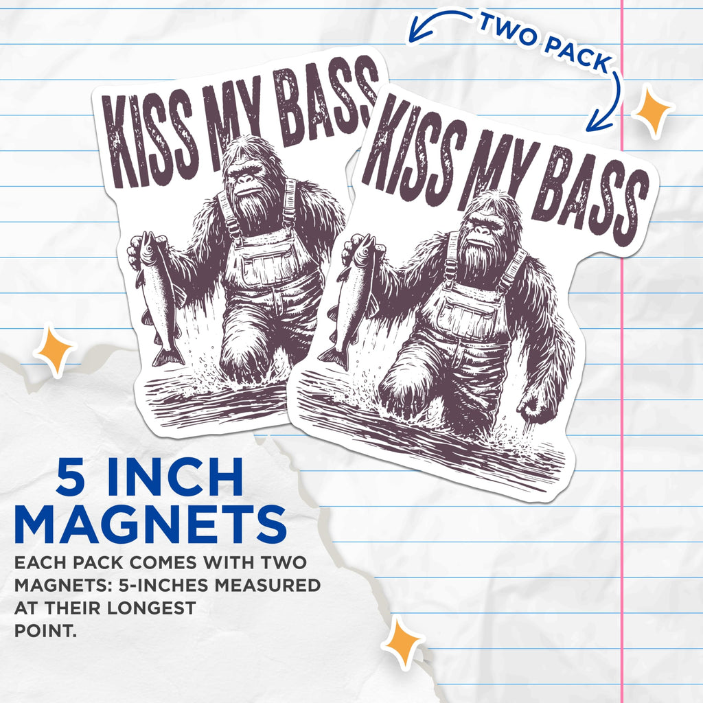 (2 Pack) Bigfoot Fishing Magnets - Kiss My Bass Humor Decor - Sasquatch Angler Fridge Locker Magnets - 5 Inches On Longest Side - Thick Durable Magnet - Made in USA - MAG23134