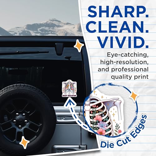 (2 Pack) Deep Breaths Floral Ribcage Stickers - Inspirational Anatomy - Positive Affirmation - 5" On Longest Side - Sticks to Smooth Flat Surfaces - Made in USA - BMCS8250