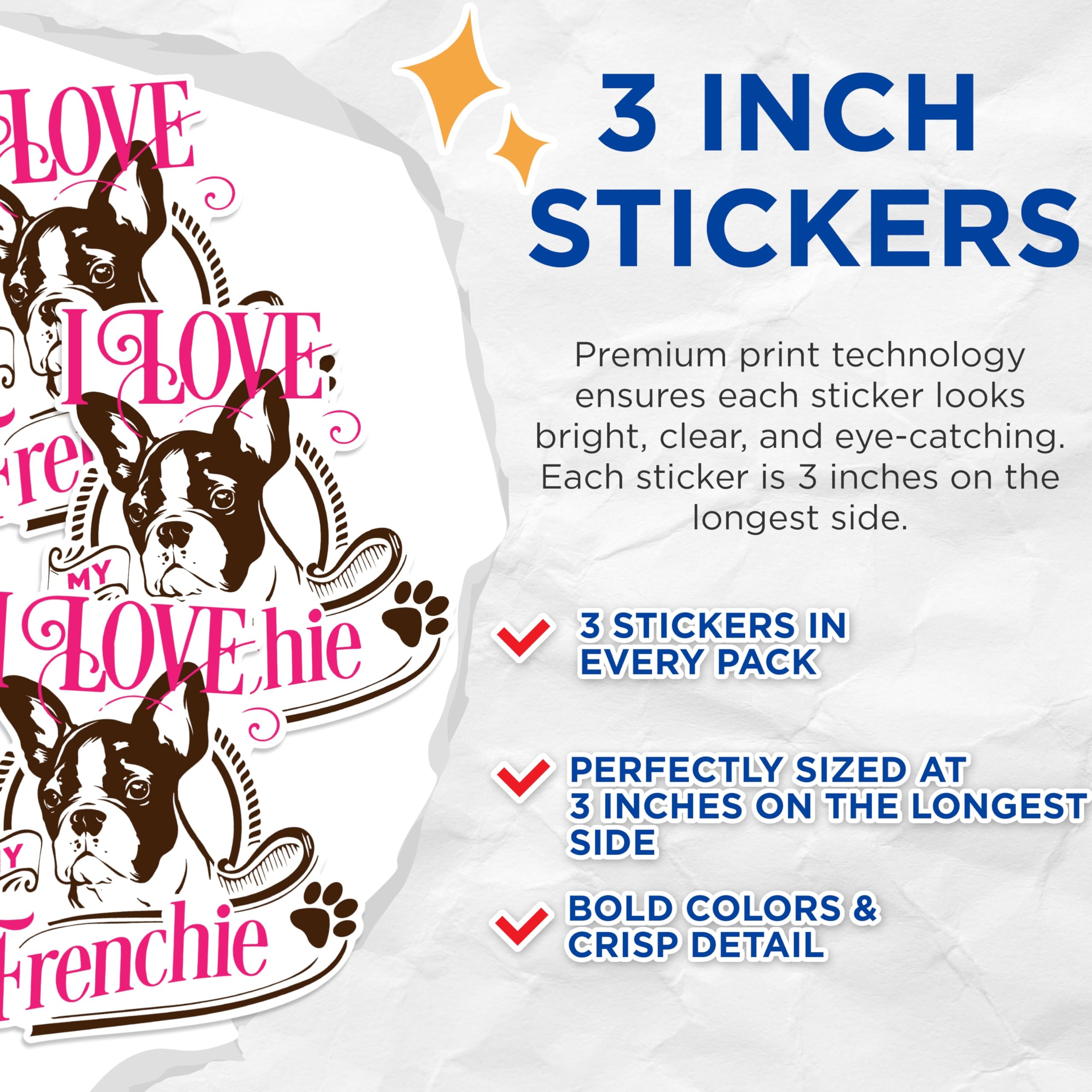 (3 Pack) French Bulldog Decals - I Love My Frenchie - Laptop Decal for Dog Lovers - 3 Inches On Longest Side - Easy Peel & Apply - Made in USA - 3MCS1757