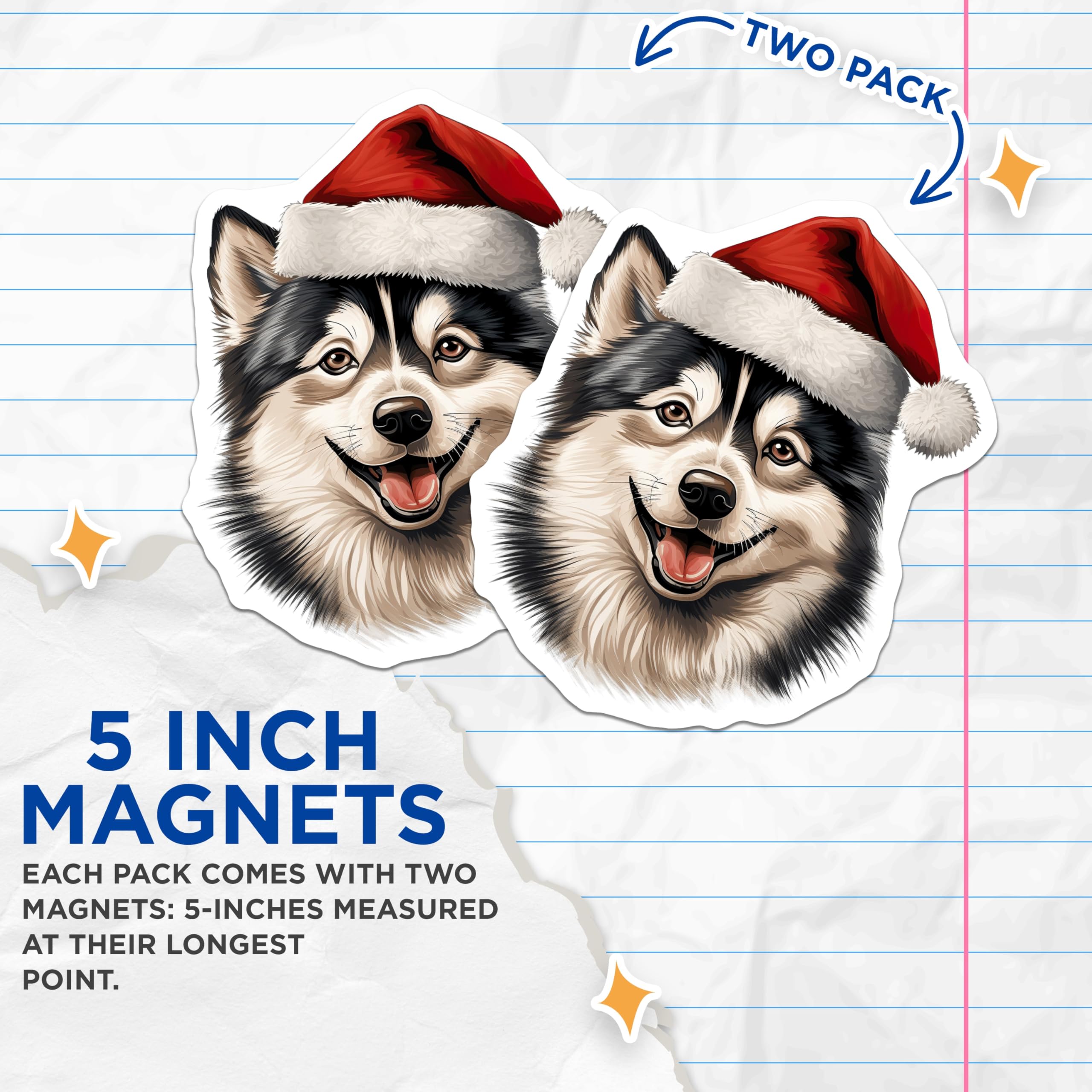 (2 Pack) Siberian Husky Magnets - Christmas Santa Dog Holiday Decor - Festive Pet Animal Refrigerator Locker Accents - 5 Inches On Longest Side - Thick Durable Magnet - Made in USA - MAG24176