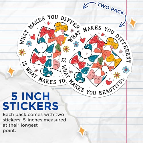 (2 Pack) What Makes You Different Stickers - Motivational Quotes - Inspirational Message - 5" On Longest Side - Sticks to Smooth Flat Surfaces - Made in USA - BMCS9172 - Colorful Bow Puzzle Design