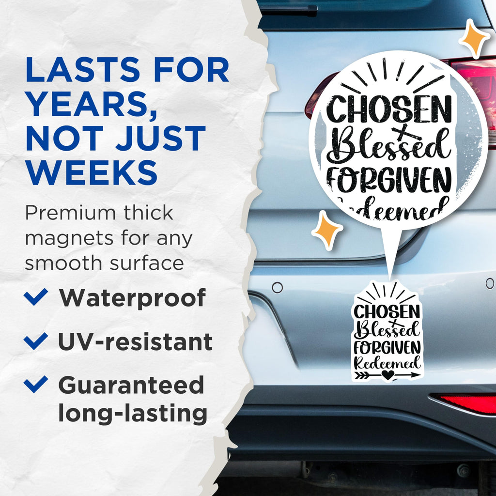 (2 Pack) Chosen Blessed Forgiven Redeemed Magnets - Christian Faith Inspiration - Religious Word Decor - 5 Inches On Longest Side - Thick Durable Magnet - Made in USA - MAG25405