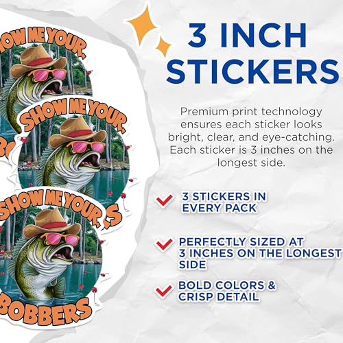 (3 Pack) Funny Fishing Decals - Bass with Bobbers - Fisherman Sticker - 3 Inches On Longest Side - Easy Peel & Apply - Made in USA - 3MCS0604