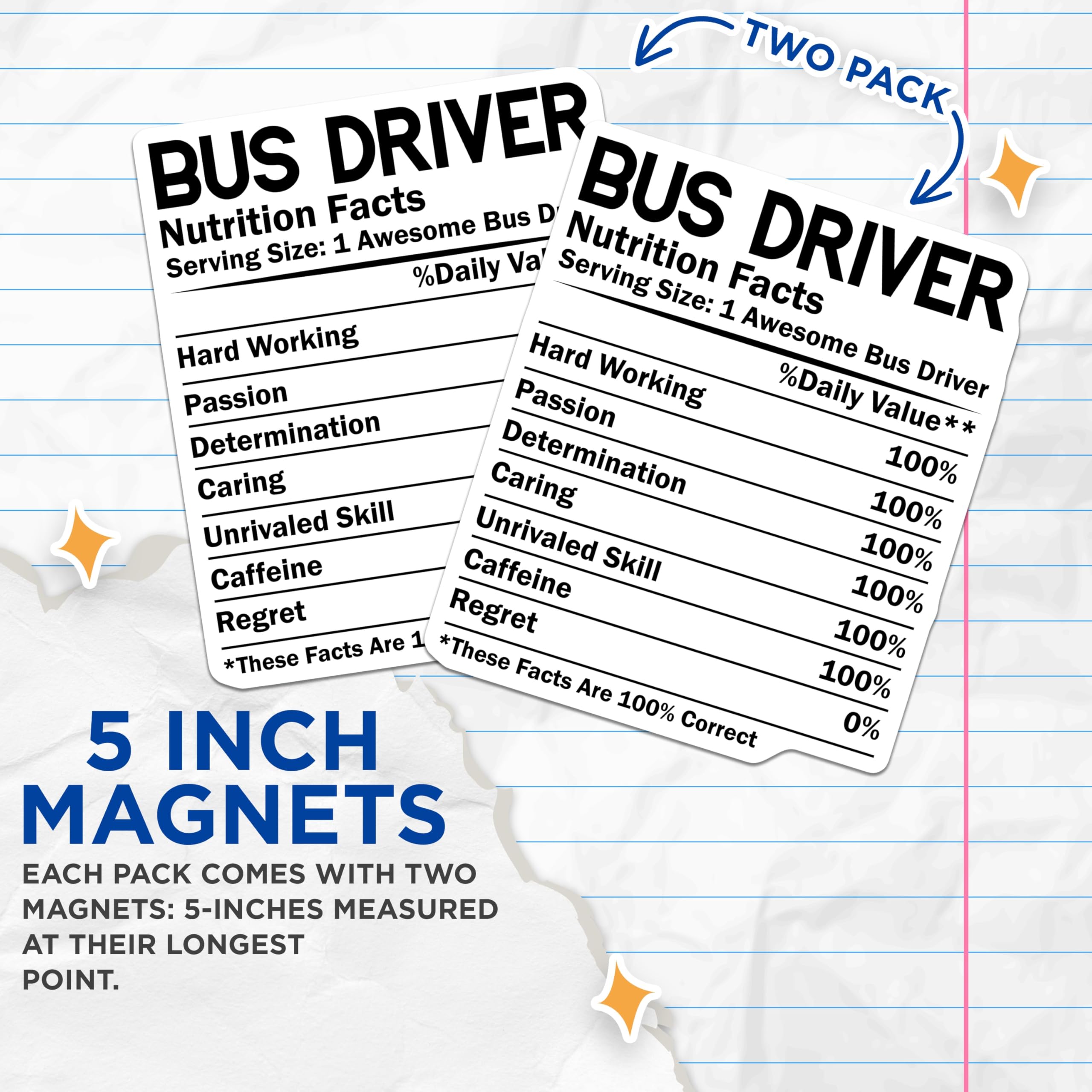 (2 Pack) Bus Driver Magnets - Nutrition Facts - School Bus Driver Appreciation - 5" On Longest Side - Premium Magnet - for Cars, Refrigerators, Toolboxes, Lockers - Made in USA - MAG14548