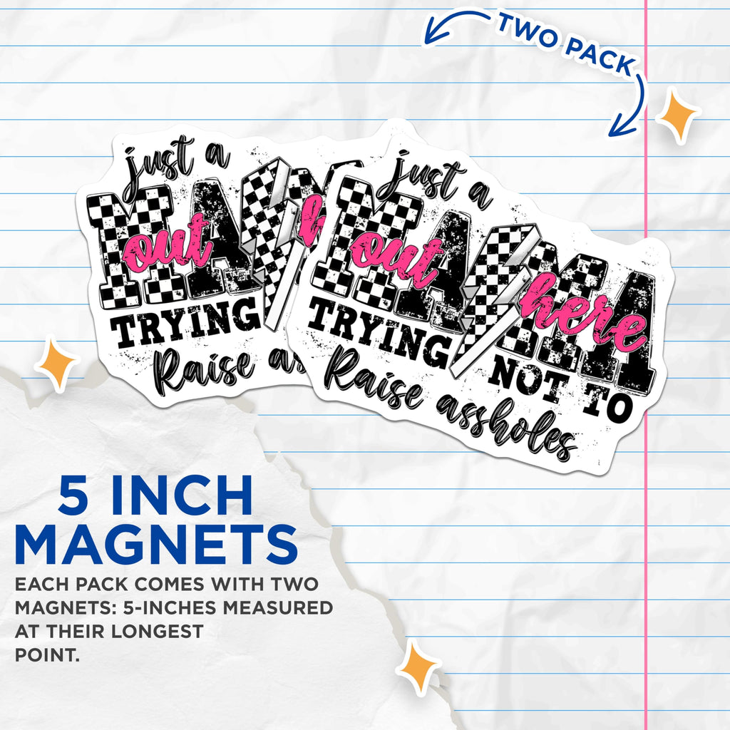 (2 Pack) Sarcastic Mama Quote Magnets - Motherhood Humor Decor - Checkerboard Racing Mom - 5 Inches On Longest Side - Thick Durable Magnet - Made in USA - MAG26825