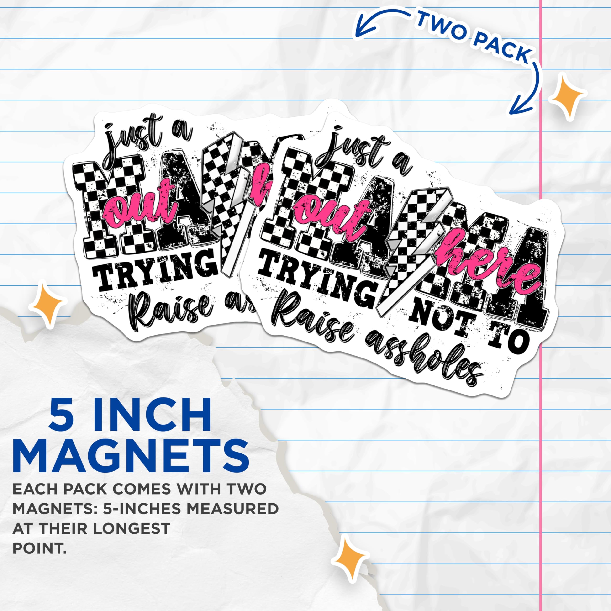 (2 Pack) Sarcastic Mama Quote Magnets - Motherhood Humor Decor - Checkerboard Racing Mom - 5 Inches On Longest Side - Thick Durable Magnet - Made in USA - MAG26825