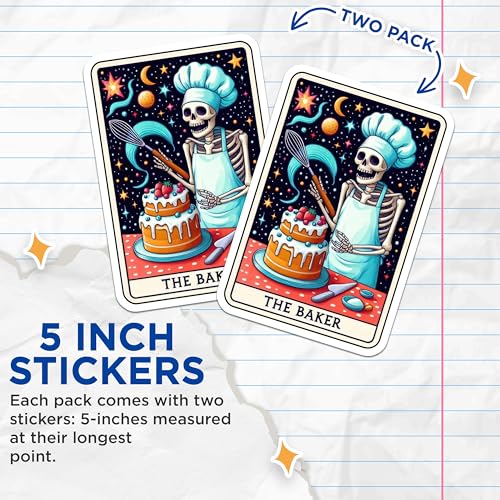 (2 Pack) Funny Skeleton Baker Stickers - Halloween Skeleton Chef Stickers - Whimsical Baking Stickers - 5" On Longest Side - Sticks to Smooth Flat Surfaces - Made in USA - BMCS5352