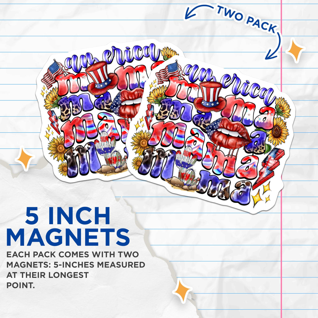 (2 Pack) America Mama Magnets - Patriotic 4th of July Decor - Western Boho Mama Accessory - 5 Inches On Longest Side - Thick Durable Magnet - Made in USA - MAG30854