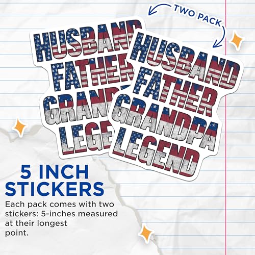 (2 Pack) Husband Father Grandpa Legend Stickers - Patriotic Family Design - American Flag Words Decal - 5" On Longest Side - Sticks to Smooth Flat Surfaces - Made in USA - BMCS8887