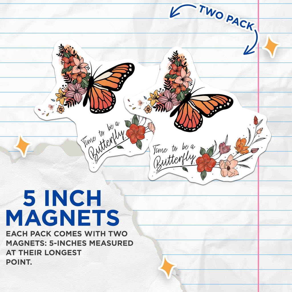 (2 Pack) Butterfly Inspirational Magnets - Floral Boho Refrigerator Decor - New Beginnings Positive Quote - 5 Inches On Longest Side - Thick Durable Magnet - Made in USA - MAG38694