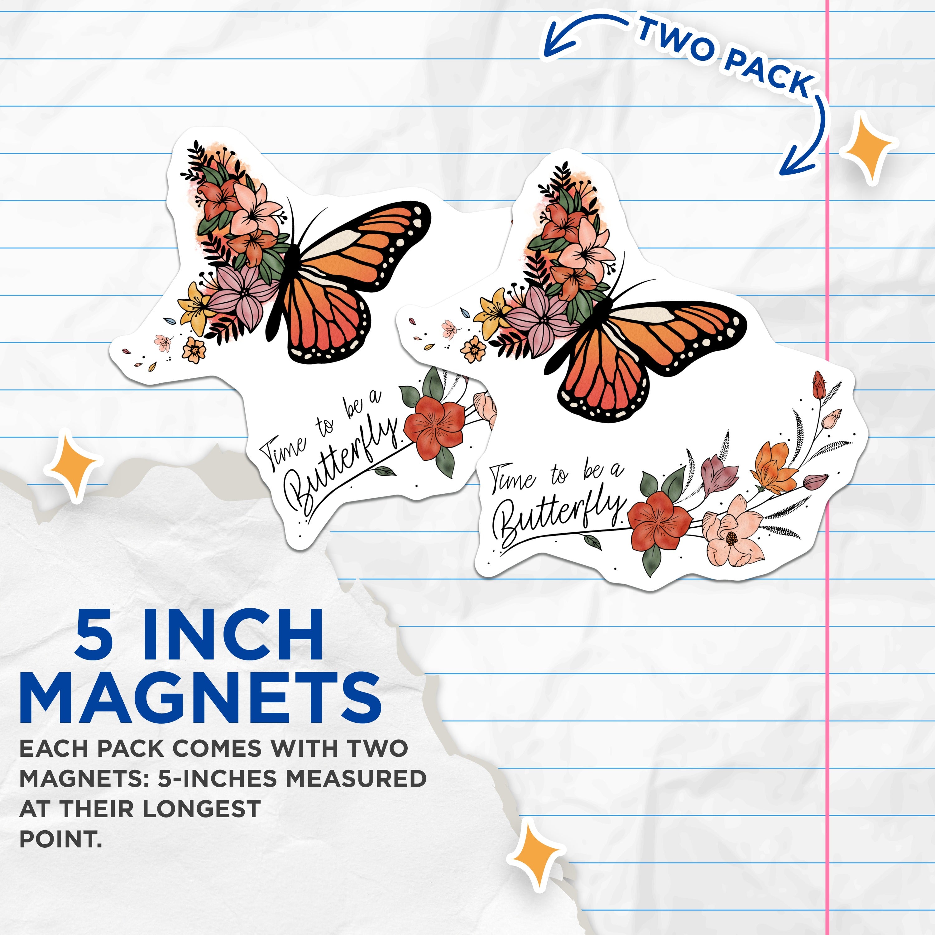 (2 Pack) Butterfly Inspirational Magnets - Floral Boho Refrigerator Decor - New Beginnings Positive Quote - 5 Inches On Longest Side - Thick Durable Magnet - Made in USA - MAG38694