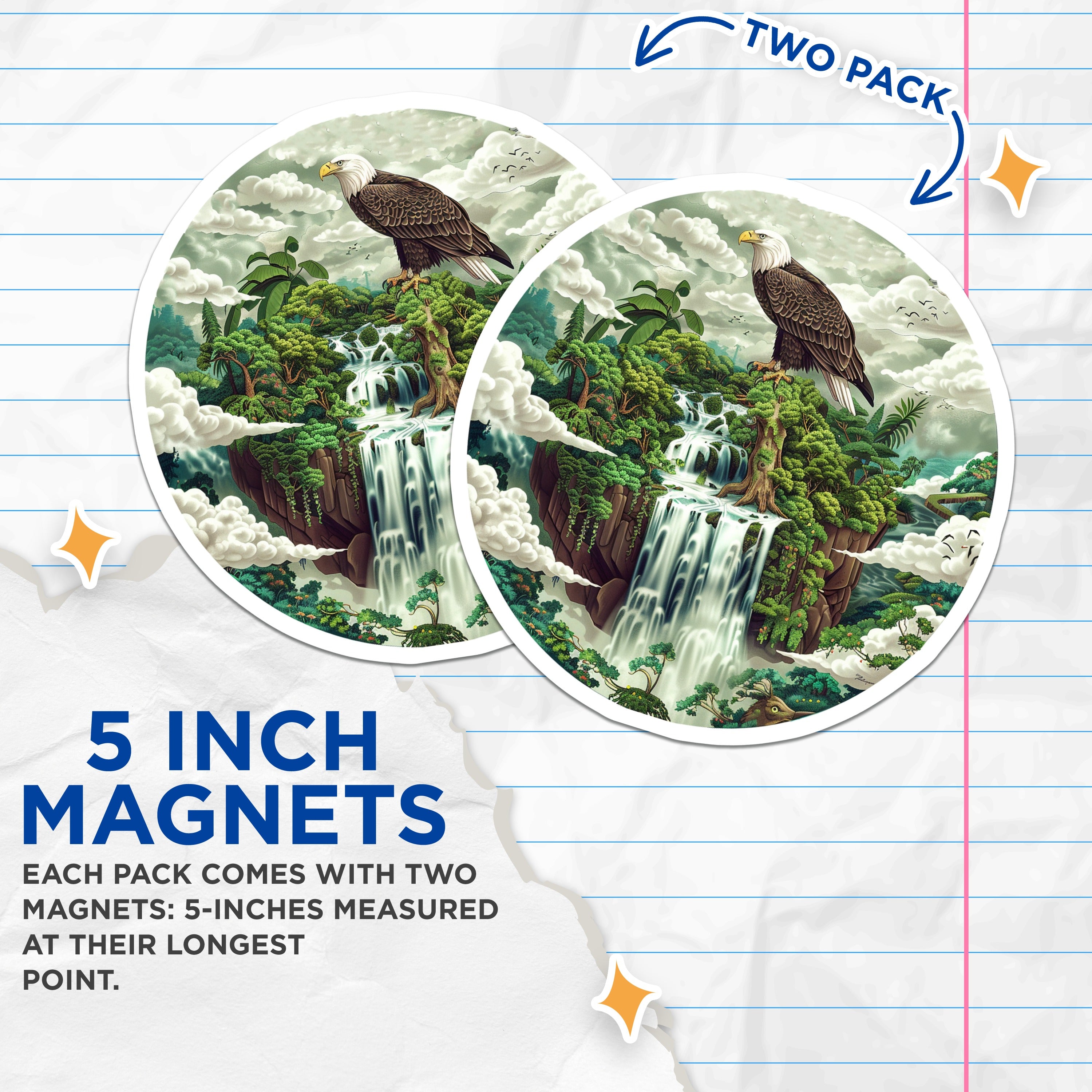 (2 Pack) Bald Eagle Waterfall Magnets - Fantasy Landscape Art - Majestic Nature Decor for Home - 5 Inches On Longest Side - Thick Durable Magnet - Made in USA - MAG39955