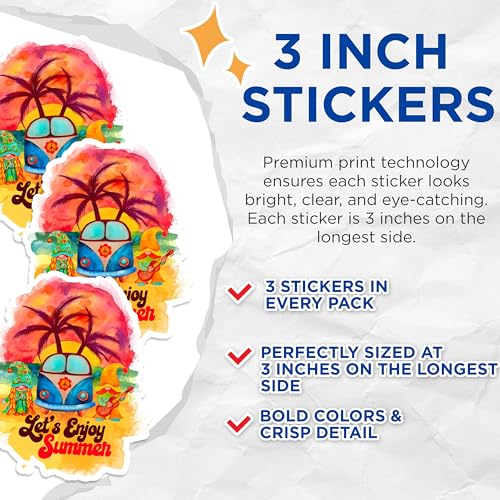 (3 Pack) Summer Gnomes Decals - Beach Van - Laptop Decals - 3 Inches On Longest Side - Easy Peel & Apply - Made in USA - 3MCS8216